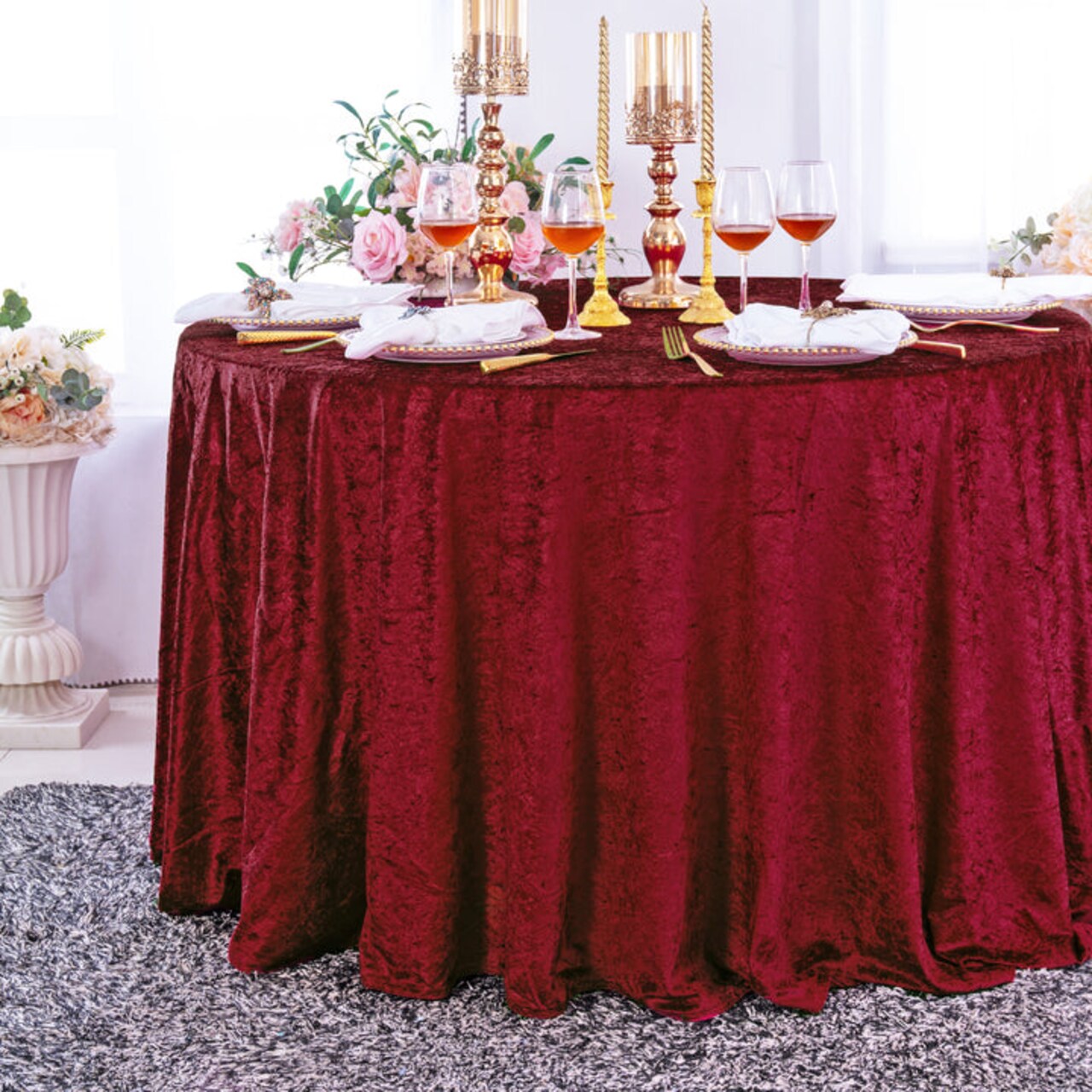 132 Inch Round Ice Crushed Velvet Tablecloth Luxury Soft Elegant Event Linen